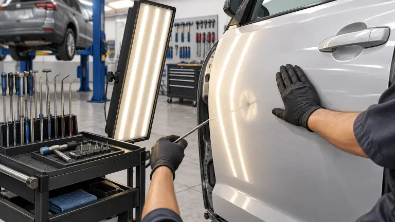 Technician using a metal rod and reflection board to perform paintless dent repair on a car door panel in a body shop.