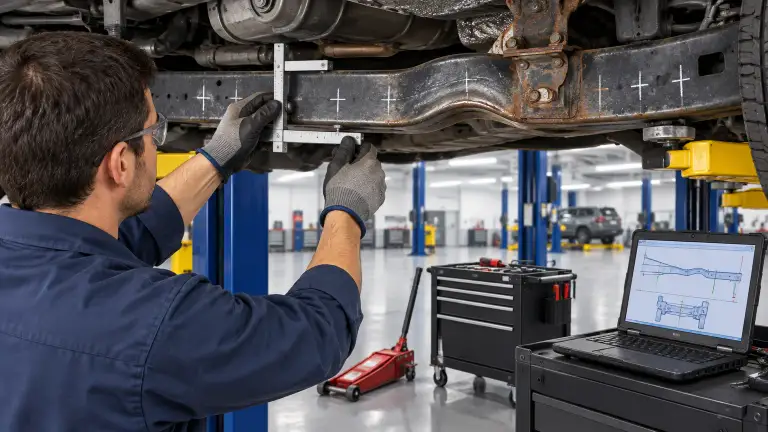 A technician measures a car's frame rail with a gauge while the vehicle is raised on a shop lift, checking for structural bending and alignment during a frame damage inspection.